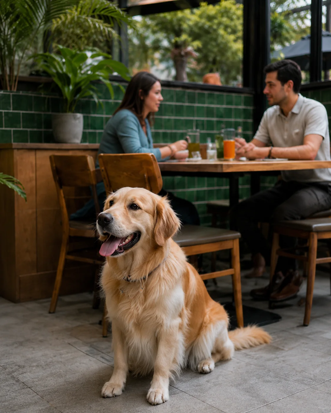 A golden retriever sitting beside a café table while two people eat