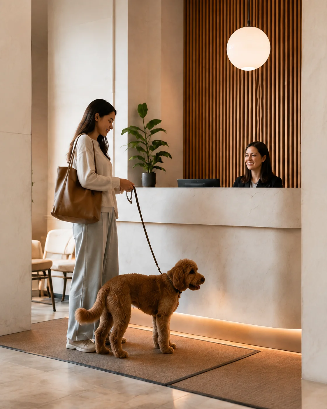 A resident walking a dog on a leash through a shared lobby past the front desk