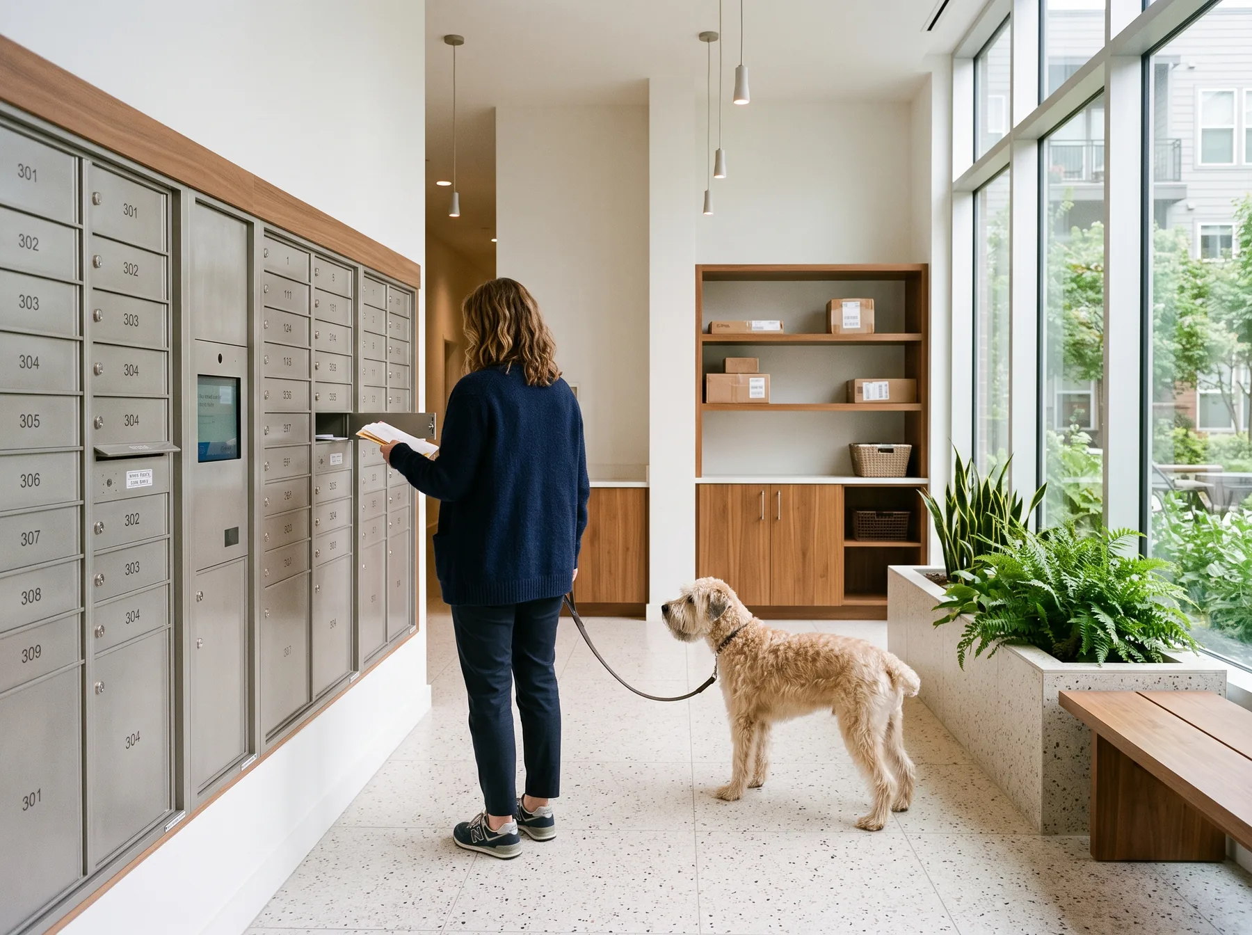 A woman collecting her post from the mailboxes in an apartment building's mail room, her shaggy wheaten dog waiting on its lead beside her