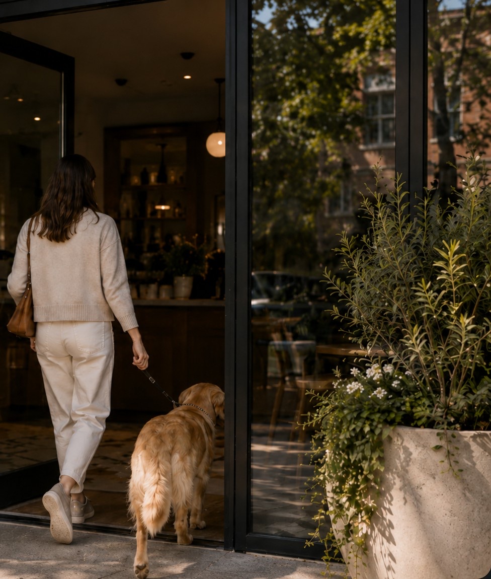 A woman and her golden retriever walking through the open glass door of a café, greenery and a stone planter beside the entrance