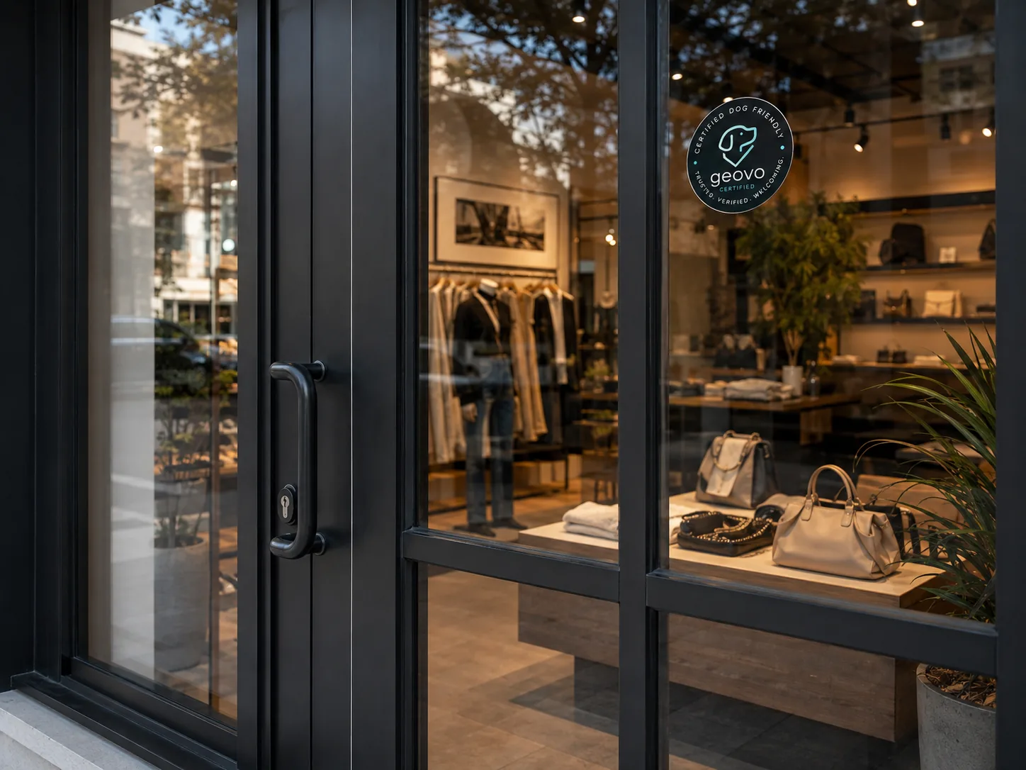 The Geovo Certified Dog Friendly decal on the glass door of a certified retail store, its window display lit behind