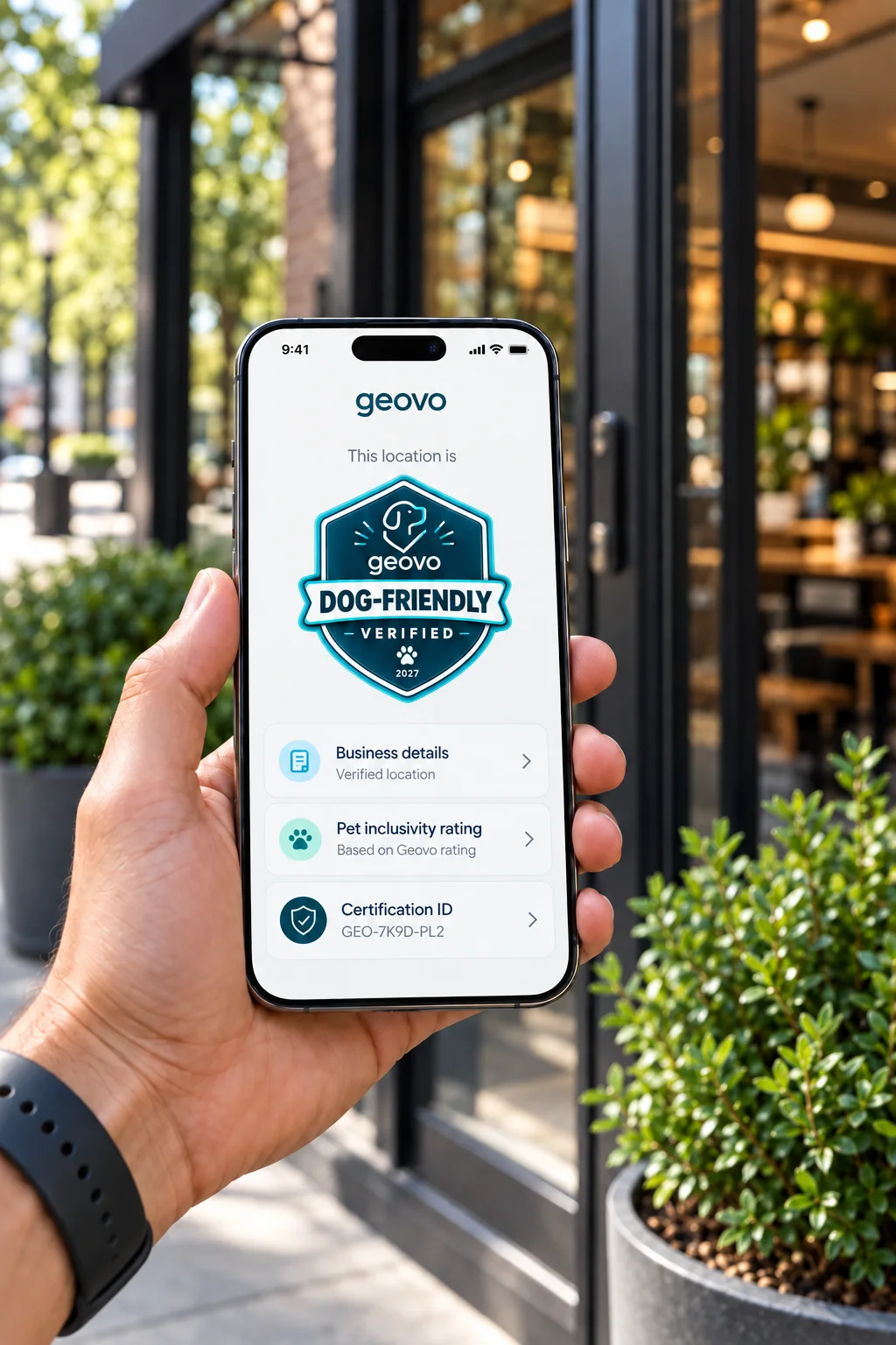 A hand holding a phone at a property's front door, the screen showing the Geovo Dog-Friendly Verified record for that location