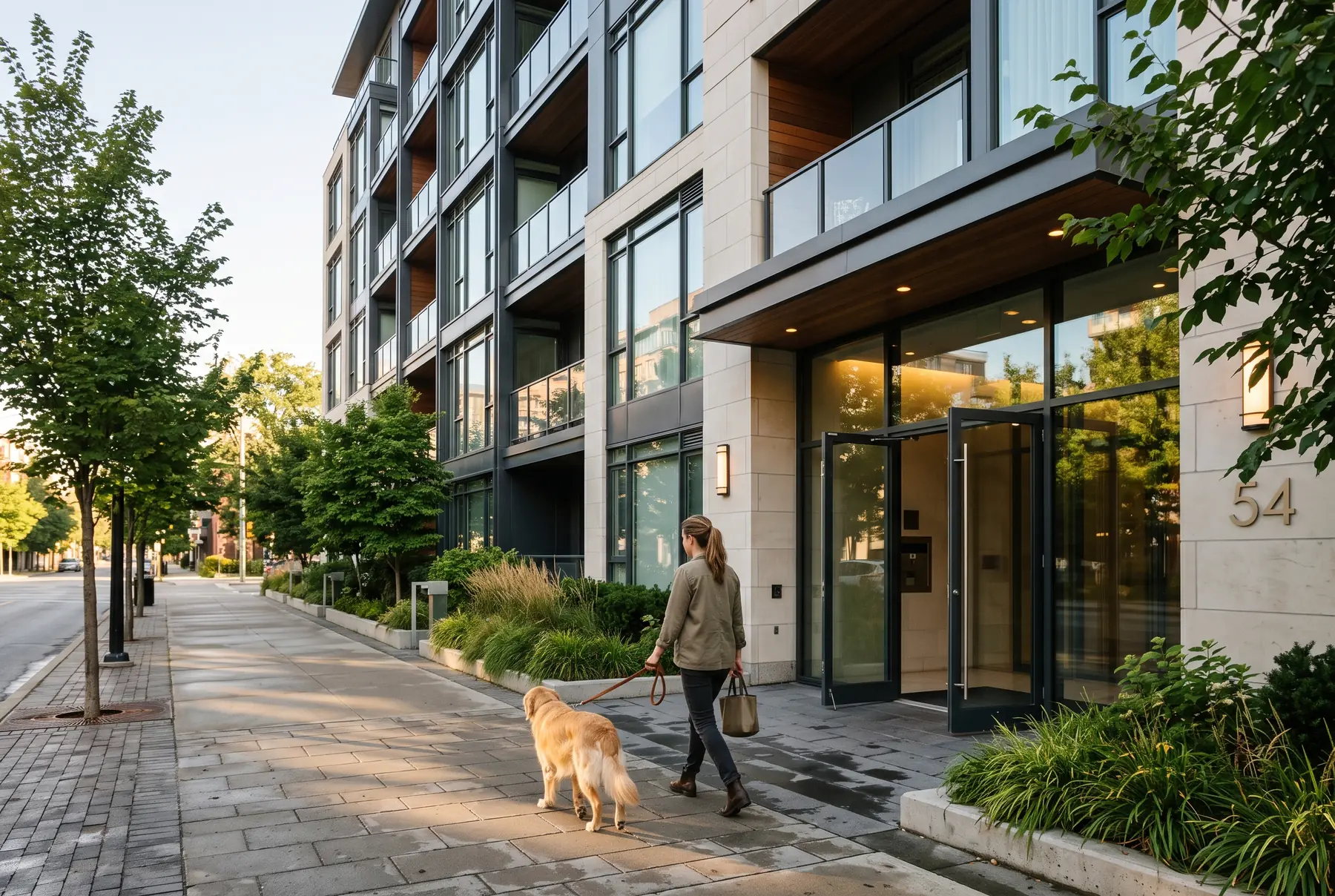 A woman walking her golden retriever along a tree-lined pavement past the entrance of a modern apartment building