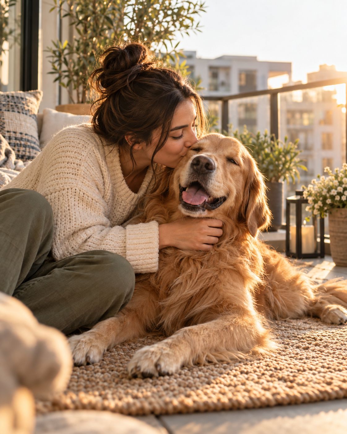 A woman in a cream sweater kisses her golden retriever on the head as they sit together on a sunlit apartment balcony