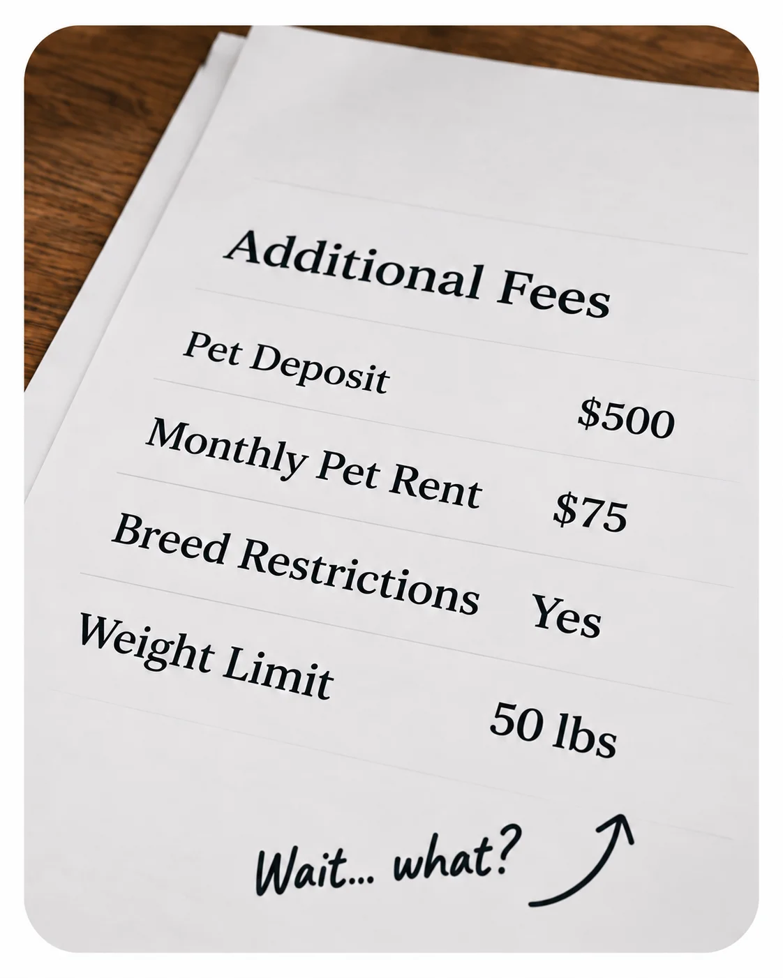 A printed fee sheet on a wooden table listing a pet deposit, monthly pet rent, breed restrictions and a weight limit, annotated “Wait… what?”