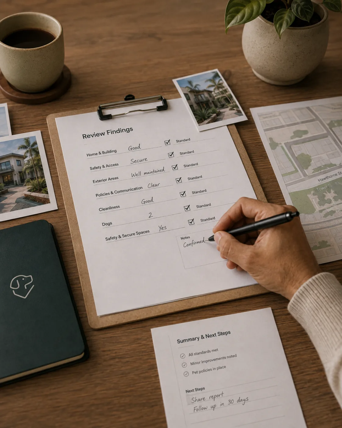 A reviewer completing a written findings sheet beside printed site photographs