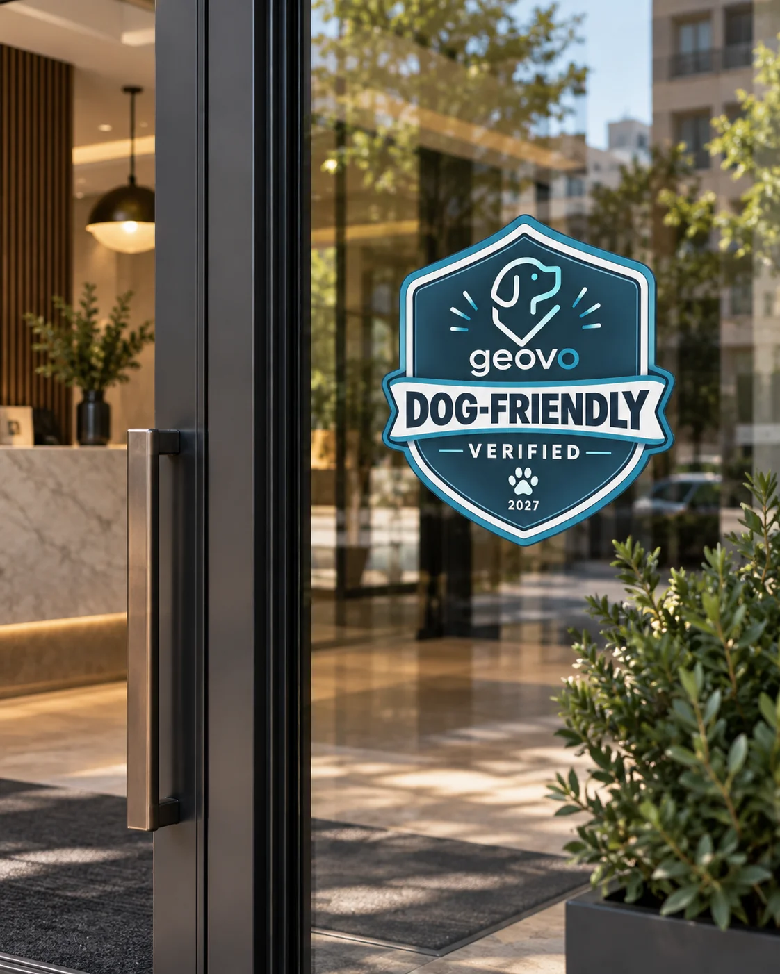The Geovo Verified decal applied to the glass entrance door of a residential lobby