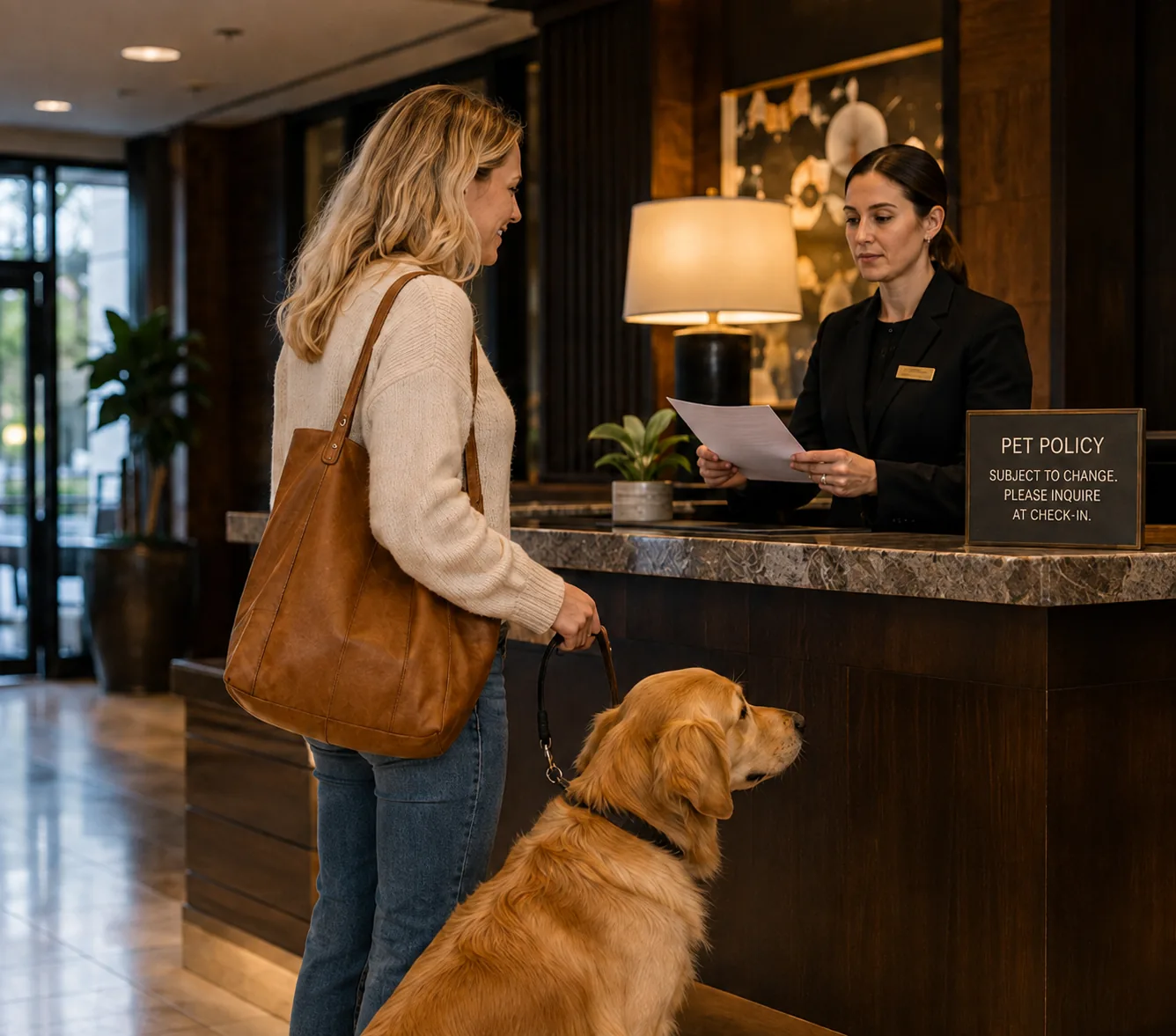 A resident with a golden retriever at a leasing desk, a pet policy sign on the counter