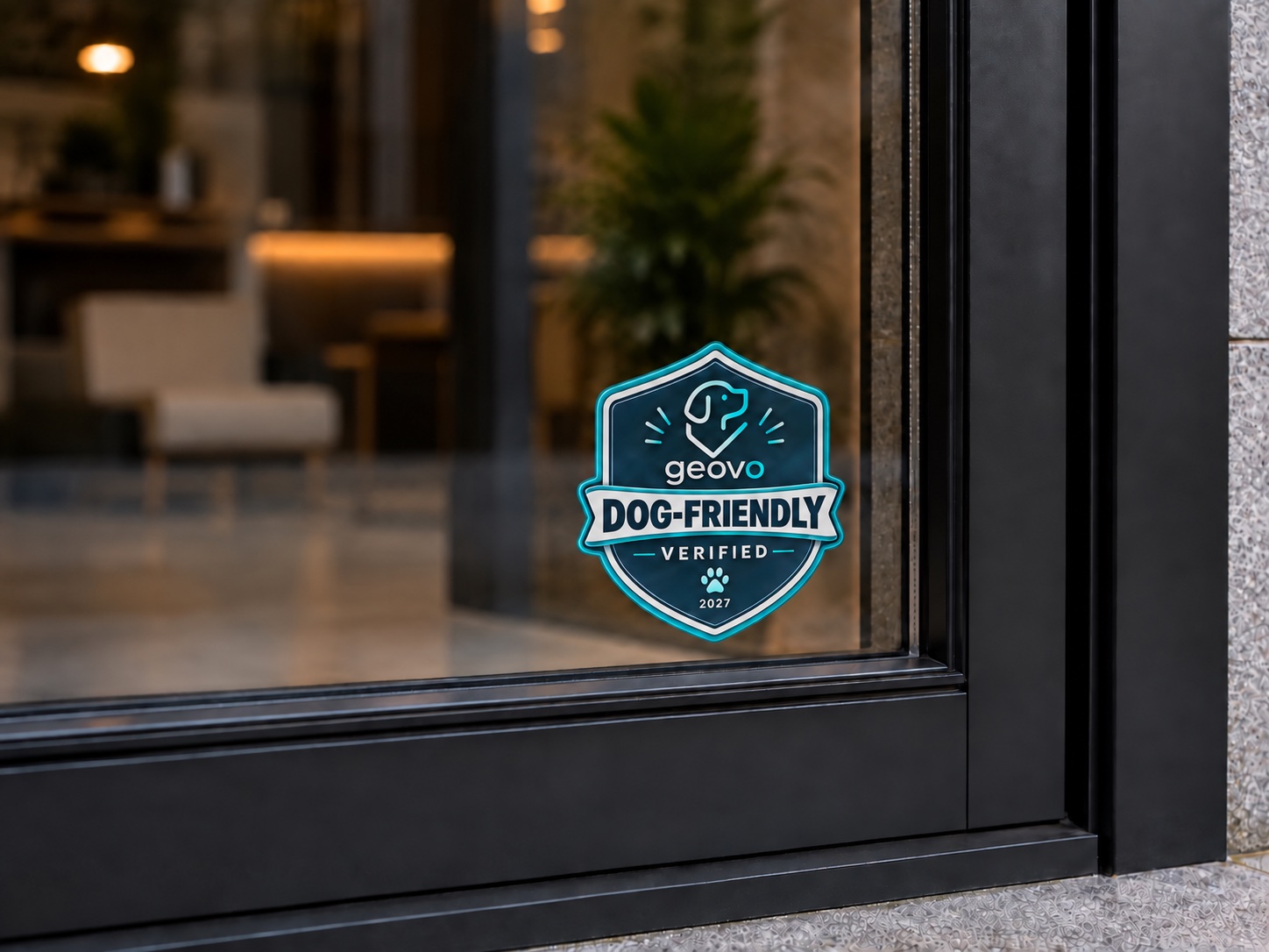 The Geovo Dog-Friendly Verified decal on a glass entrance door, a warmly lit lobby behind it